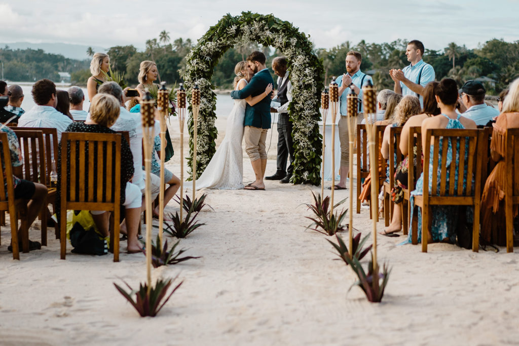 destination wedding in Vanuatu, newlyweds first kiss in front of guests