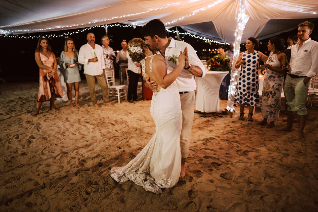 A newlyweds first dance at wedding reception on Erakor Island