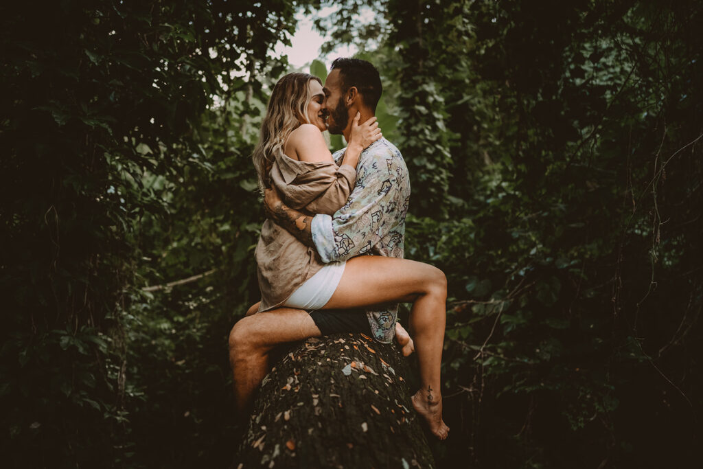A couple sitting up a tree branch hugging each other during their pre-wedding photoshoot